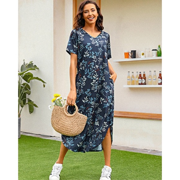 Floral Print Long Nightgown V-Neck Short Sleeve Casual‎ Summer Navy Size XL NWT - Picture 1 of 9
